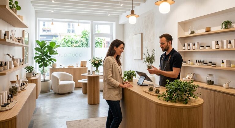 Accueil 1 L'intérieur moderne et épuré d'une boutique de CBD haut de gamme, illustrant les nouveaux codes de l'expérience client.