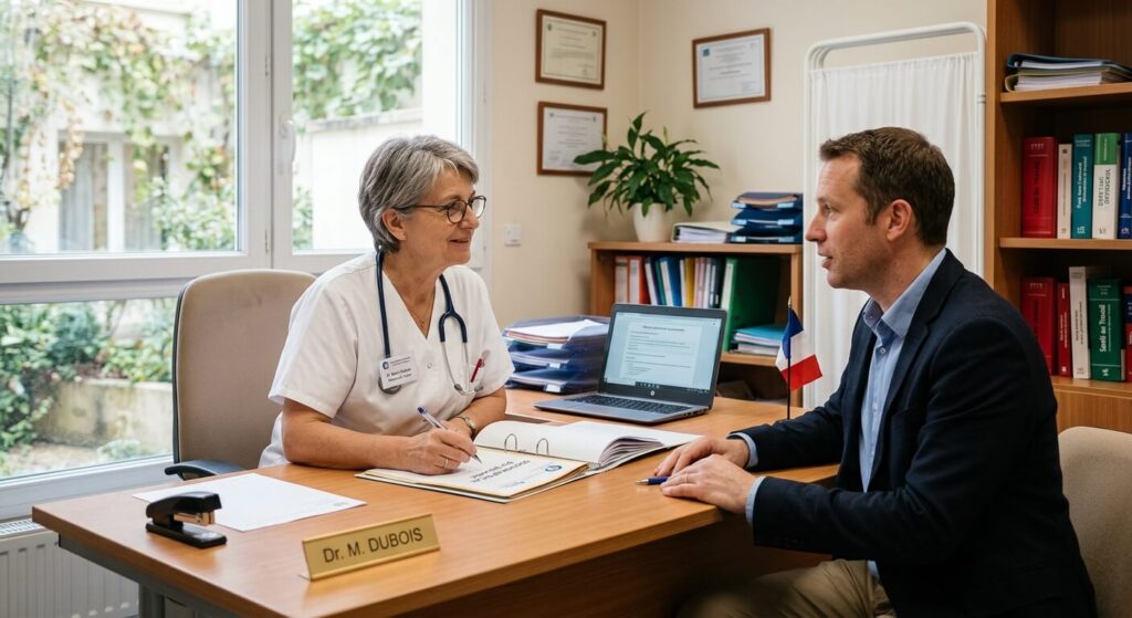 Consultation entre un salarié et son médecin du travail pour évaluer l'aptitude.