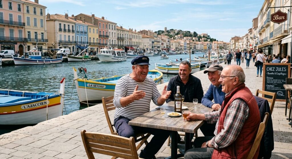 La bohue : qu'est-ce que c'est vraiment ? Origine et vérité sur cette légende dentaire sétoise 3 Des Sétois discutant de bon cœur sur les quais du canal de Sète, illustrant l'humour local.
