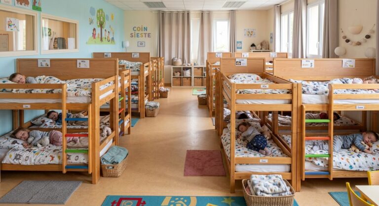 Le dortoir d'une école maternelle avec des couchettes adaptées aux enfants.