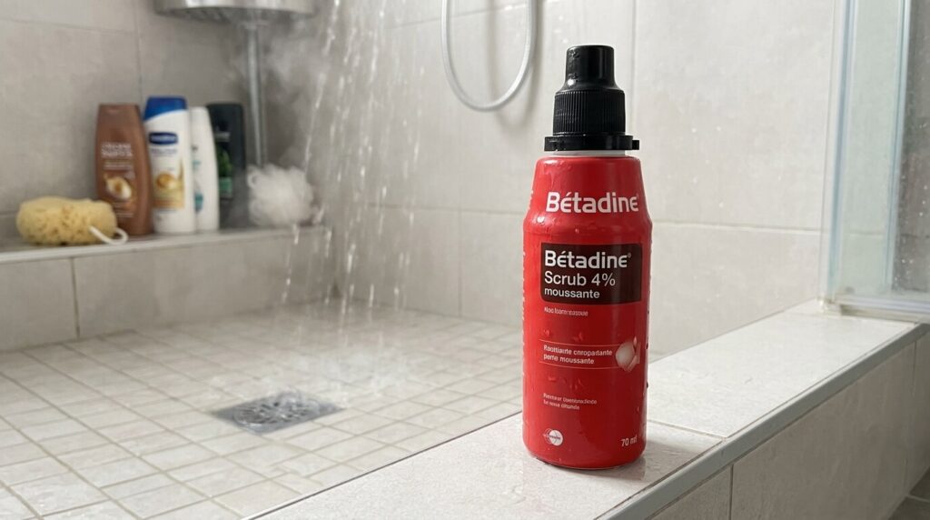 Un flacon de Bétadine Scrub rouge posé sur le bord d'une douche de salle de bain.