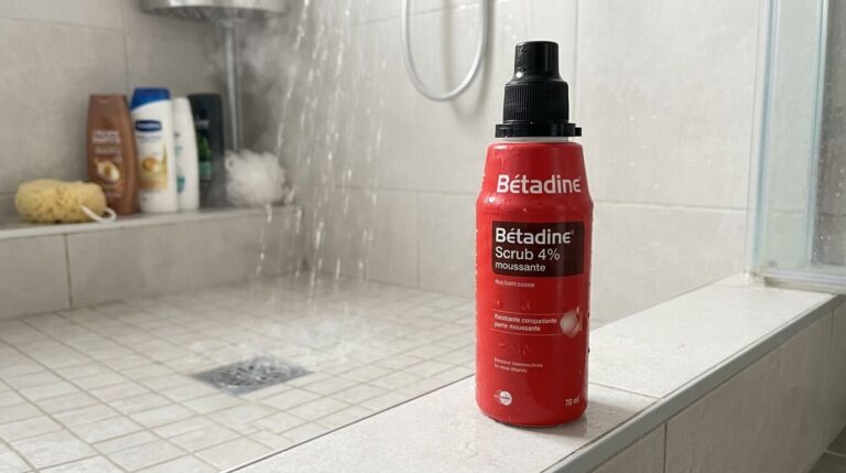 Accueil 2 Un flacon de Bétadine Scrub rouge posé sur le bord d'une douche de salle de bain.