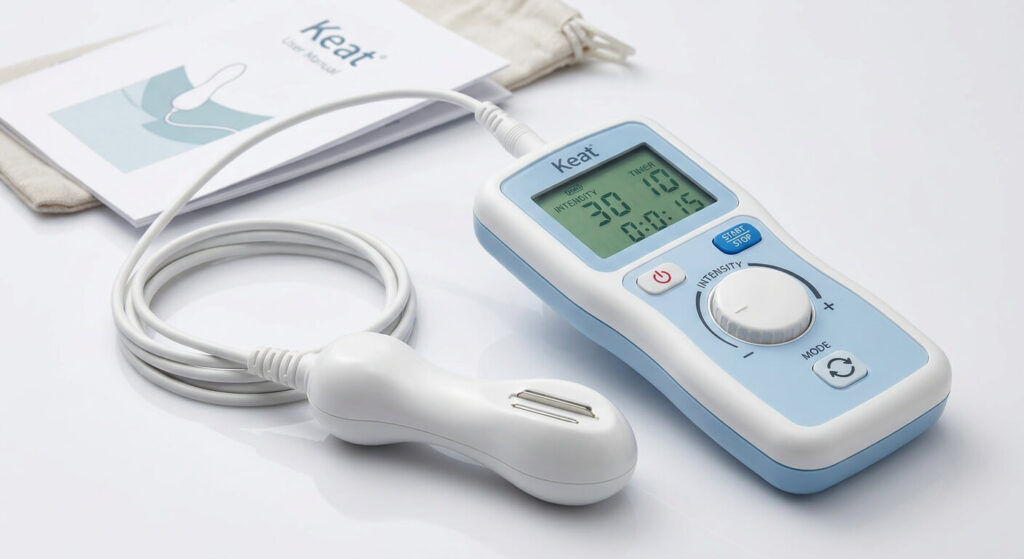 L'appareil d'électrostimulation périnéale Keat avec son boîtier de contrôle.