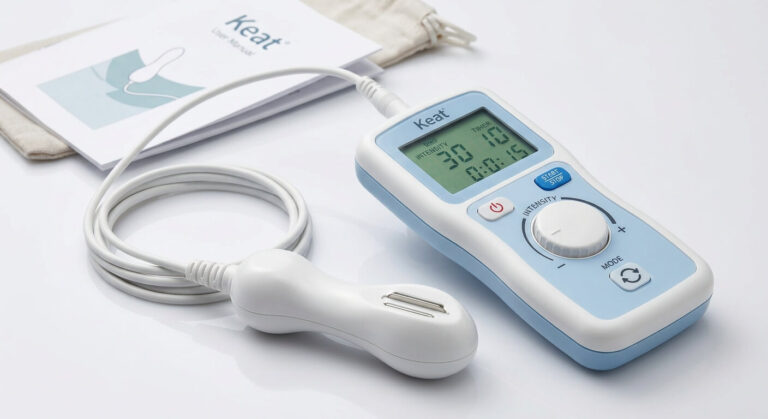 L'appareil d'électrostimulation périnéale Keat avec son boîtier de contrôle.