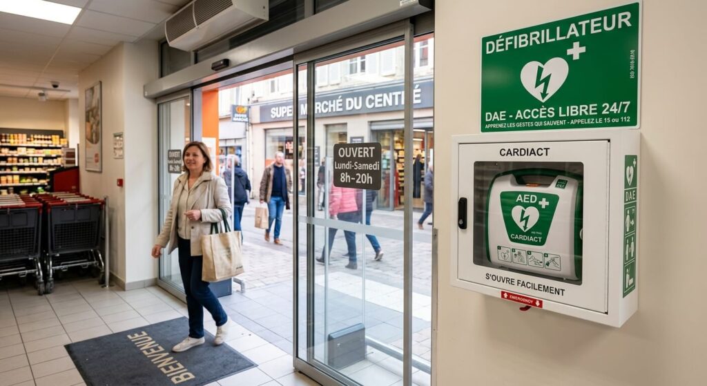 ERP : quels établissements doivent s'équiper d'un défibrillateur en 2026 ? 3 Un défibrillateur automatique installé de manière visible et accessible près de l'entrée d'un commerce.