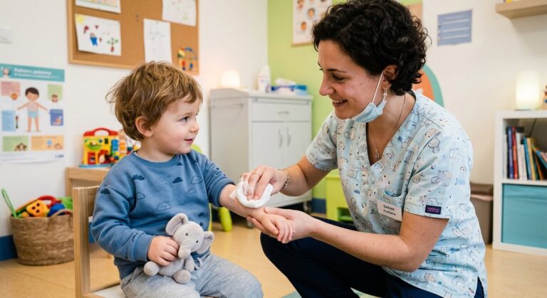 Accueil 1 Une auxiliaire de puériculture appliquant une compresse apaisante sur le bras d'un petit enfant.