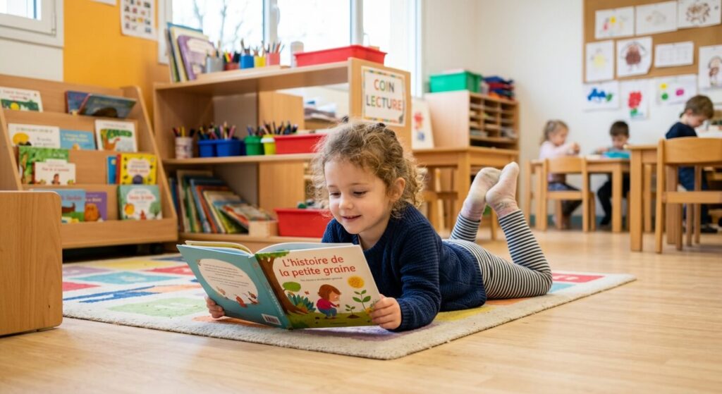 La sieste en moyenne section de maternelle : règles, rythmes et conseils 4 Un enfant de quatre ans allongé calmement avec un livre dans une classe de maternelle.