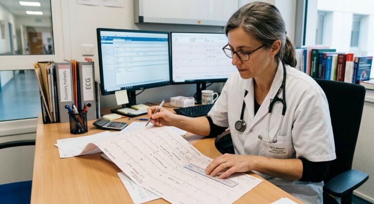 Accueil 2 Tracé d'électrocardiogramme (ECG) analysé par un médecin cardiologue.