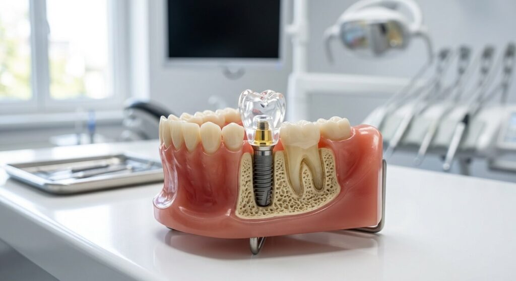 Un modèle en résine montrant un implant dentaire inséré dans l'os avec sa fausse dent transparente.