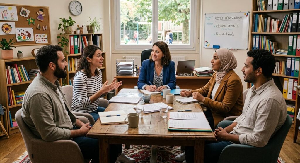 Morsure à la crèche : porter plainte, quels recours ? 3 Des parents d'élèves en discussion ouverte dans le bureau de la responsable d'un établissement d'accueil.