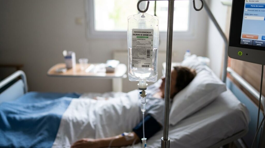 Bactériémie à SAMS : définition, symptômes, causes et traitements 3 Un sac de perfusion intraveineuse suspendu au chevet d'un patient hospitalisé.