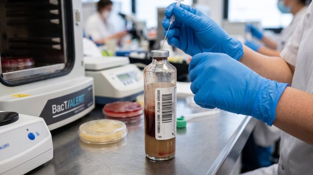 Bactériémie à SAMS : définition, symptômes, causes et traitements 2 Un flacon d'hémoculture utilisé en laboratoire pour détecter une bactérie dans le sang.