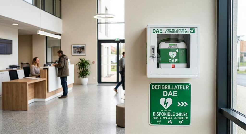 ERP : quels établissements doivent s'équiper d'un défibrillateur en 2026 ? 2 Un boîtier de défibrillateur DAE mural avec son panneau de signalisation vert réglementaire dans un hall d'accueil.