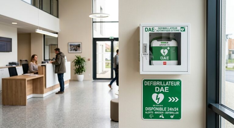 Accueil 2 Un boîtier de défibrillateur DAE mural avec son panneau de signalisation vert réglementaire dans un hall d'accueil.