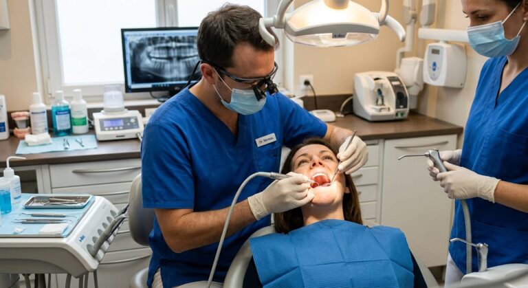 Un chirurgien-dentiste pratiquant un détartrage et surfaçage radiculaire au cabinet.