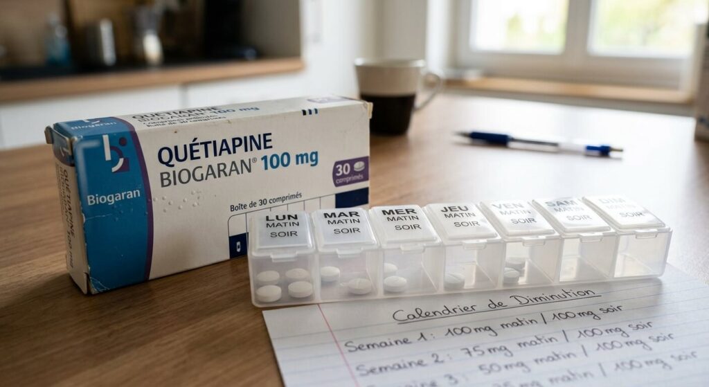 Boîte de quétiapine et pilulier semainier pour organiser la diminution progressive des doses.