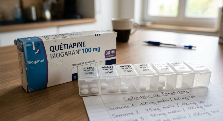 Accueil 1 Boîte de quétiapine et pilulier semainier pour organiser la diminution progressive des doses.
