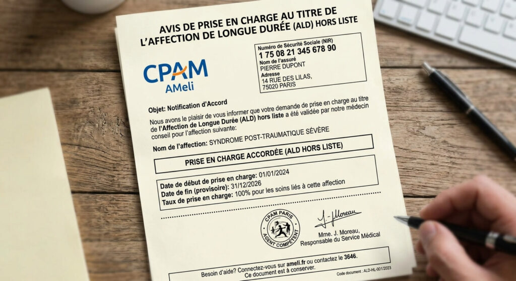 Notification de prise en charge en ALD hors liste transmise par la CPAM.