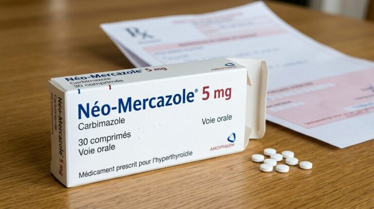 Accueil 1 Boîte de médicament Néo-Mercazole carbimazole prescrit pour l'hyperthyroïdie.
