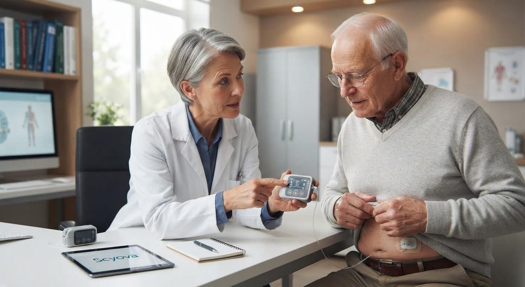 Pompe Scyova (foslévodopa) : avis, efficacité dans Parkinson et utilisation 4 Neurologue expliquant le fonctionnement de la pompe Scyova à un patient parkinsonien.