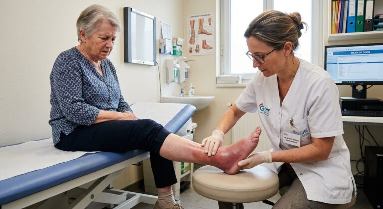 Rhumatologue examinant une cheville atteinte d'algodystrophie lors d'un bilan de soins.