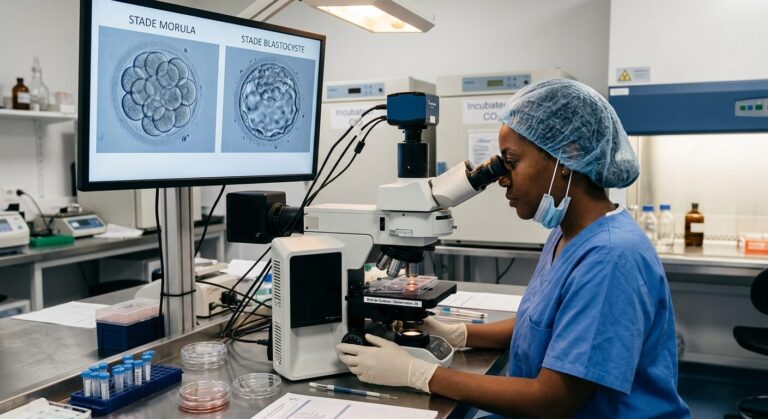 Embryologiste observant le développement d'un embryon passant du stade morula à blastocyste sous microscope.