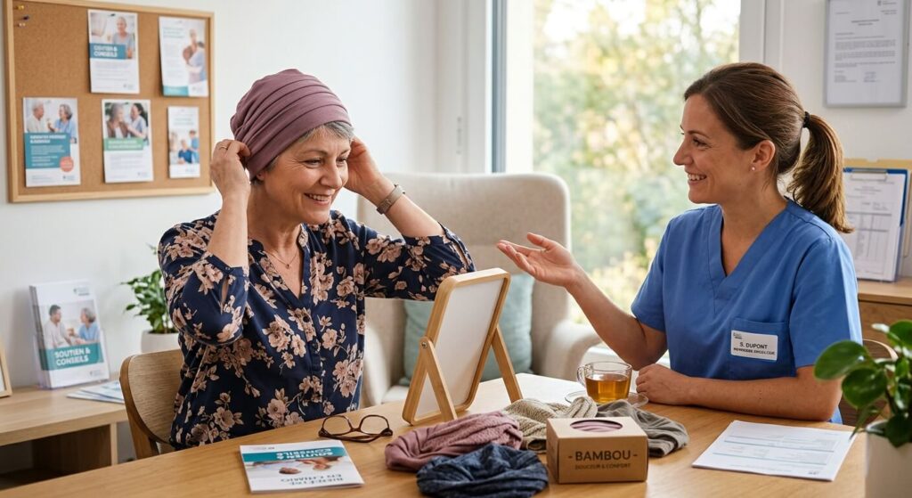 Femme essayant un bonnet de chimiothérapie doux en bambou lors d'un rendez-vous.
