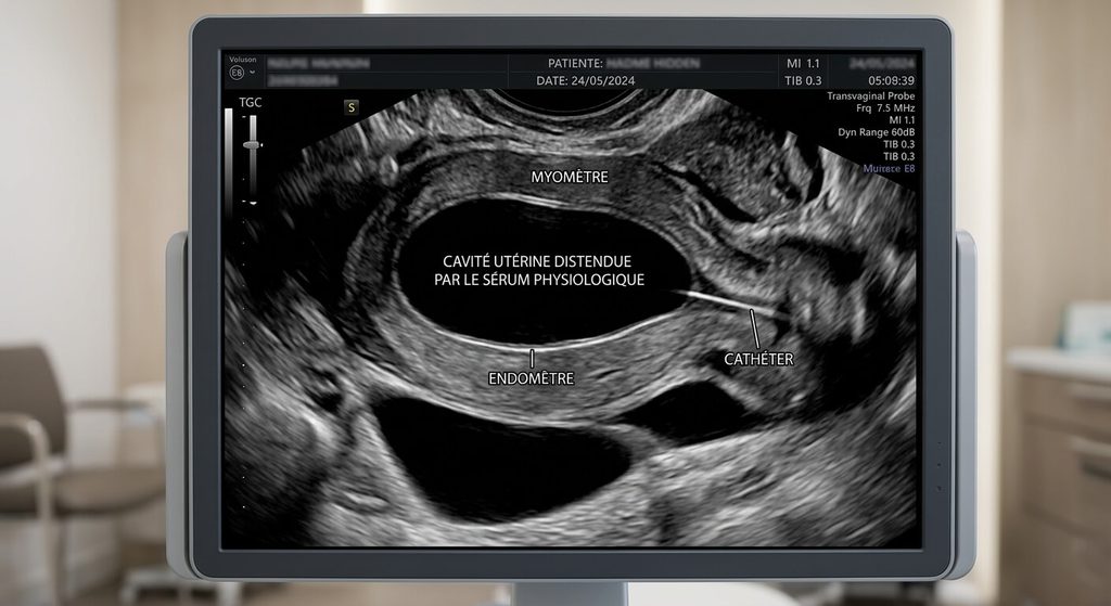 Cliché d'hystérosonographie montrant la cavité utérine distendue par le sérum physiologique.