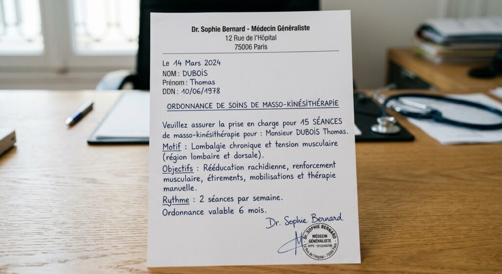 Ordonnance rédigée par un médecin pour des soins de masso-kinésithérapie.