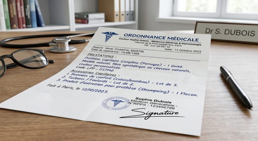 Ordonnance médicale prescrivant une prothèse capillaire et des accessoires capillaires.