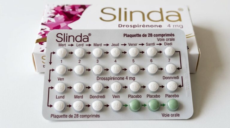 Plaquette de pilule progestative Slinda avec ses 24 comprimés actifs et 4 placebos.