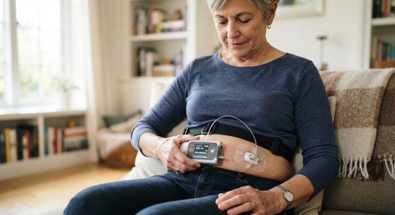Pompe portable Scyova administrant une perfusion sous-cutanée continue de foslévodopa.