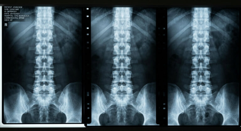Accueil 1 Cliché radiographique montrant une structure osseuse régulière sans anomalie de densité.