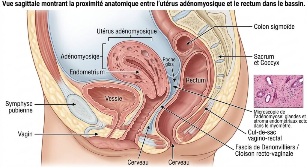 Vue de la proximité anatomique entre l'utérus adénomyosique et le rectum dans le bassin.
