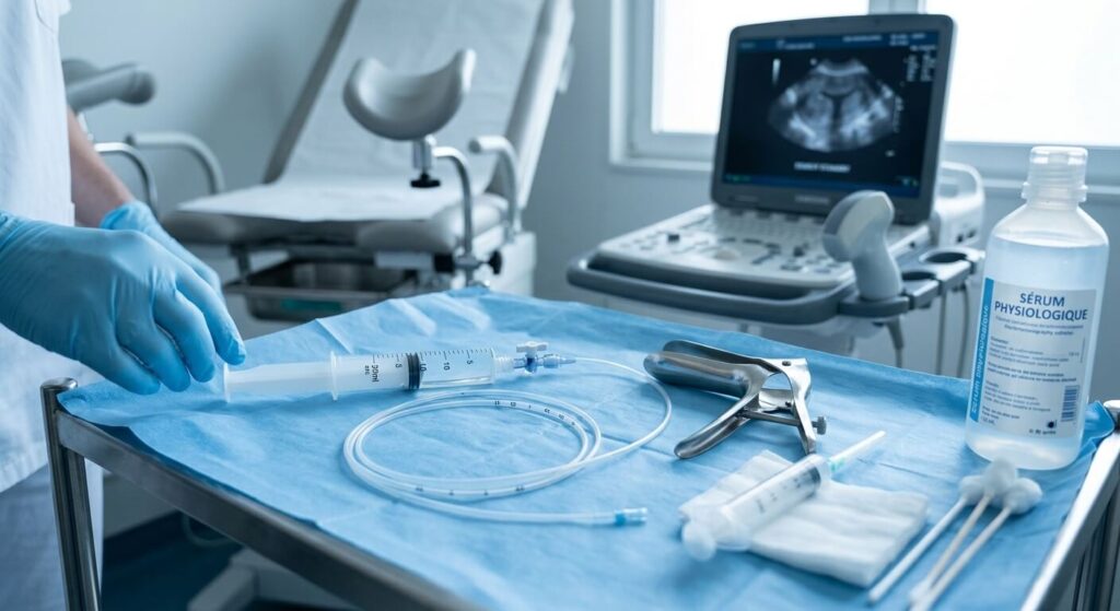Matériel d'examen d'hystérosonographie avec micro-cathéter souple et sérum physiologique.
