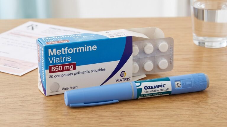 Stylo injectable d'Ozempic posé à côté d'une boîte de comprimés de metformine pour le diabète.