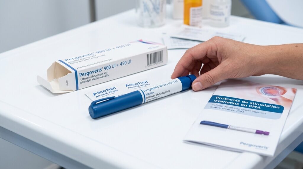 Stylo injectable pré-rempli de Pergoveris pour protocole de stimulation ovarienne en PMA.