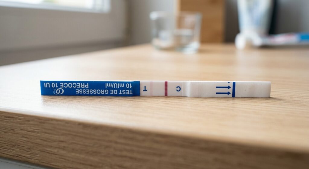 Test pipi à J5 post-transfert d'un blastocyste : fiabilité, faux négatifs et timing 2 Bandelette de test de grossesse précoce 10 UI montrant une ombre légère après transfert de blastocyste.