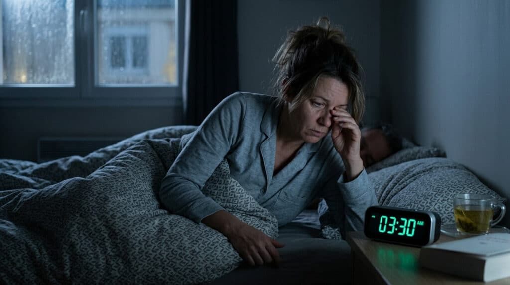 Personne observant son réveil au milieu de la nuit en raison de perturbations du sommeil.