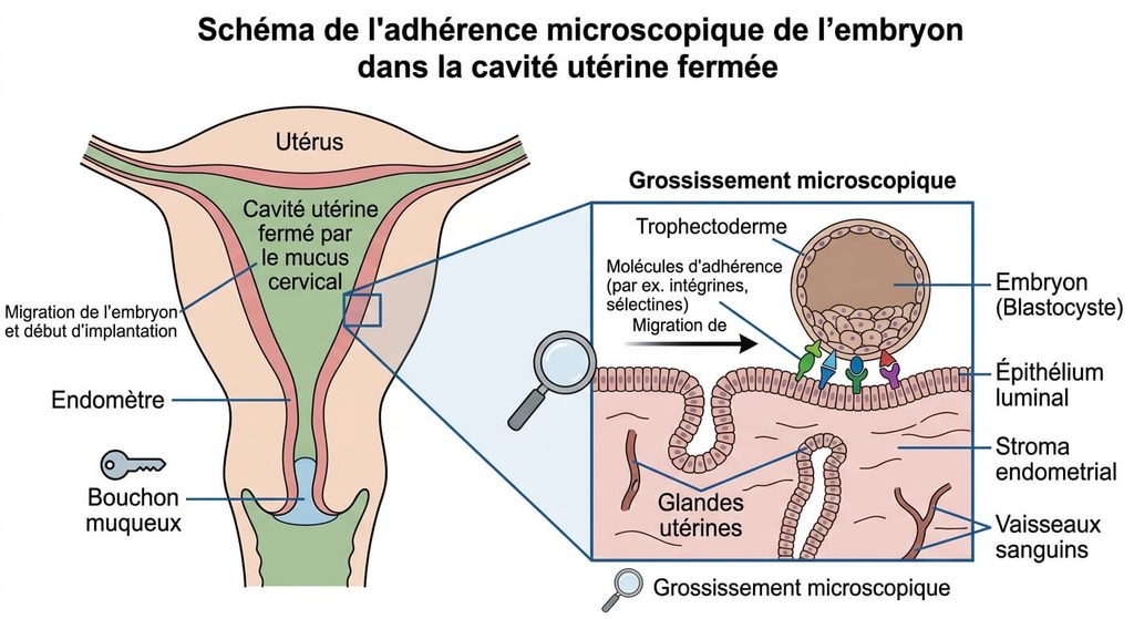 Prendre la voiture après un transfert d'embryon : risques, secousses et conseils 3 Schéma médical montrant la cavité utérine fermée et l'adhérence microscopique de l'embryon dans l'endomètre.