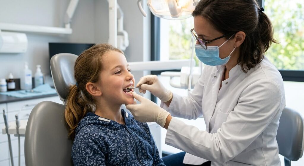 Appareil écarteur de palais avec vérin central fixé sur les dents d'un enfant en consultation d'orthodontie.