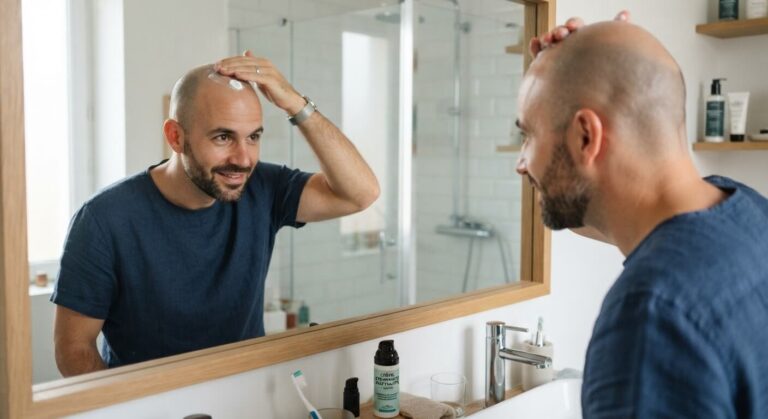 Accueil 1 Homme appliquant une noisette de crème hydratante matifiante sur son crâne rasé devant un miroir.
