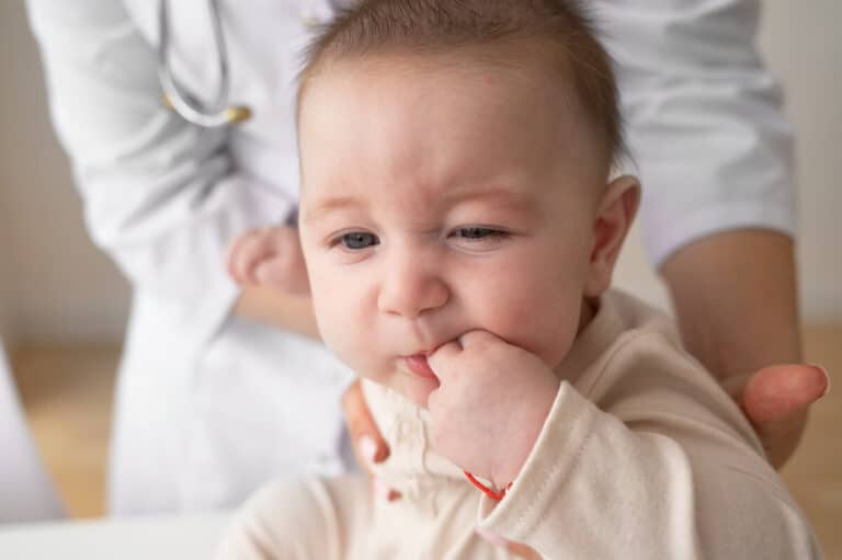 Bébé fiévreux portant un anneau de dentition pour soulager ses gencives gonflées.