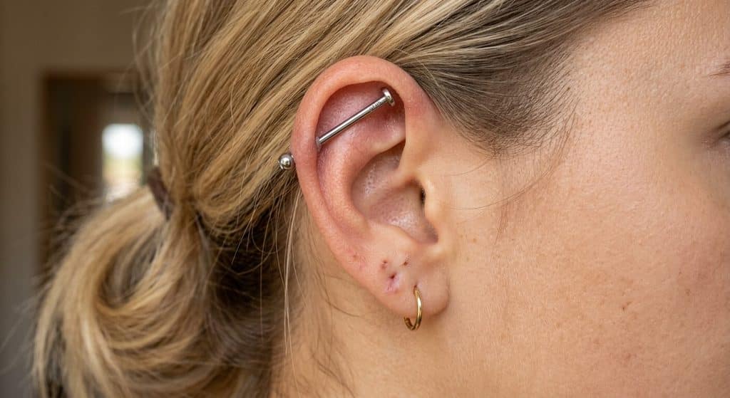 Piercing hélix douloureux après 1 an : causes et signes d'alerte 4 Bijou de piercing en titane de grade d'implantation adapté à la cicatrisation du cartilage de l'oreille.