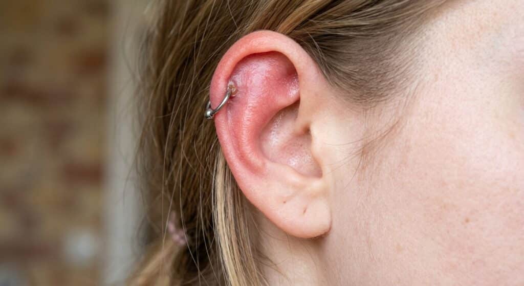 Piercing hélix douloureux après 1 an : causes et signes d'alerte 2 Pavillon de l'oreille présentant une rougeur et un gonflement autour d'un piercing à l'hélix.
