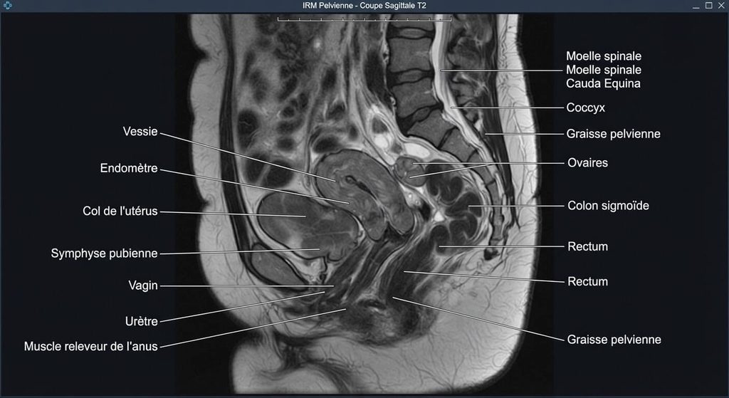 IRM pelvienne : témoignages et à quoi s'attendre pendant l'examen 3 Coupe d'imagerie par résonance magnétique montrant la cartographie précise des organes du pelvis féminin.