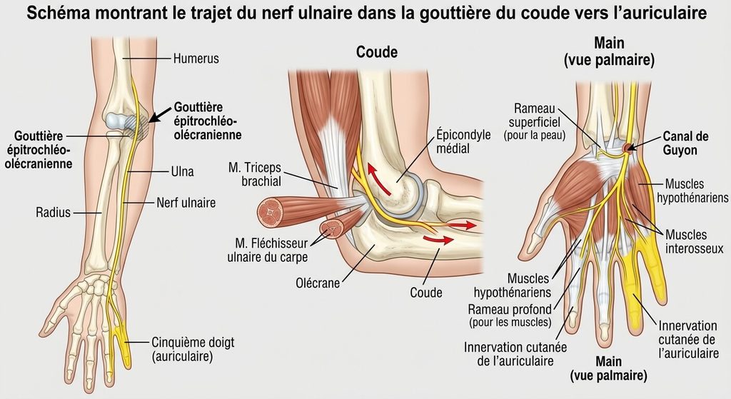 Fourmillement du petit doigt : le nerf ulnaire, pas le canal carpien 3 Schéma montrant le trajet du nerf ulnaire dans la gouttière du coude vers l'auriculaire.