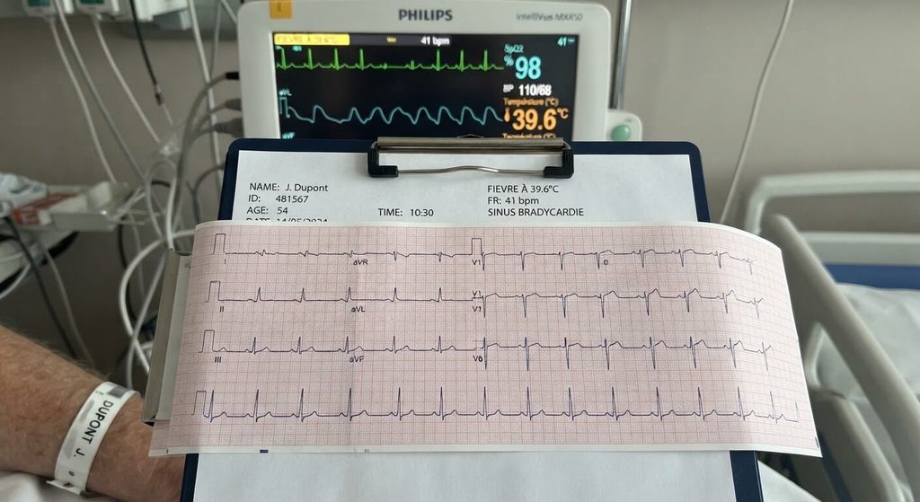 Tracé électrocardiographique montrant un rythme cardiaque anormalement ralenti lors d'un épisode fébrile.
