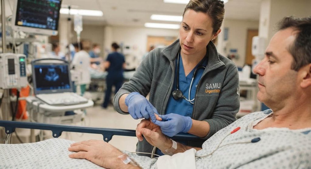Marbrures sur la peau : causes bénignes, signes de choc et consultation 3 Médecin urgentiste évaluant la perfusion sanguine et le temps de recoloration cutanée sur un patient.