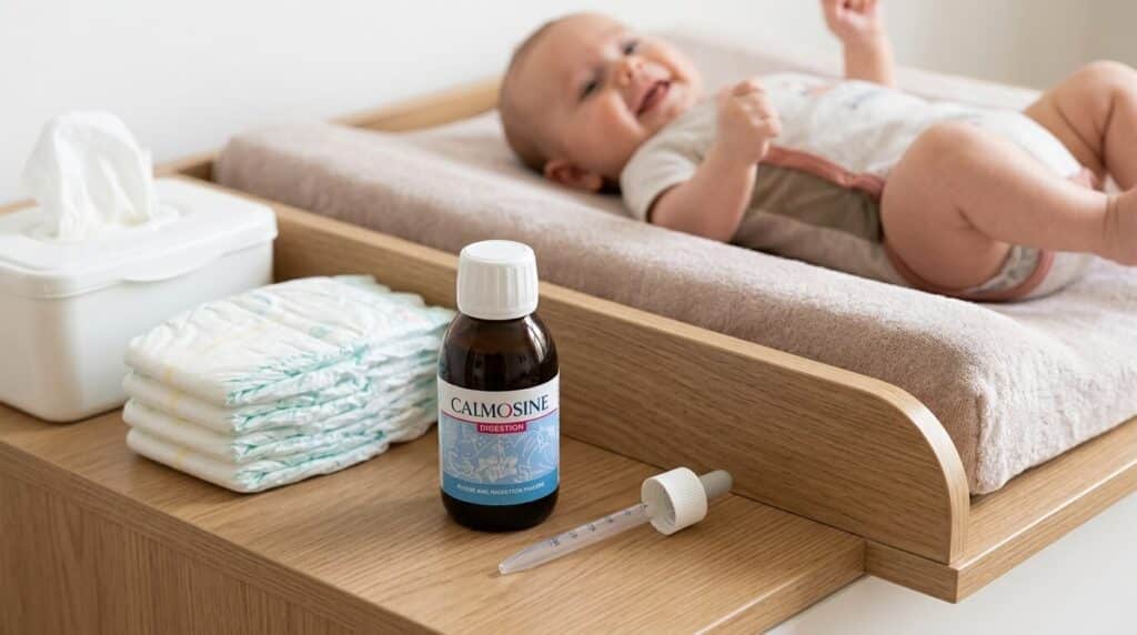 Flacon de boisson apaisante Calmosine pour bébé avec pipette doseuse sur une table à langer.